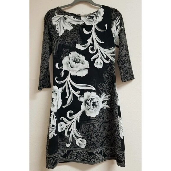 White House Black Market Sz XS Black Floral Print Keyhole Bow Slinky Shift Dress - Picture 3 of 9